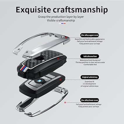 3 buttons for BMW Key Fob Cover, Zinc Alloy Heavy Duty Silicon Protector with Keychain Keyless Entry Remote Case Holder Car Key Case for BMW 1 3 4 5 6 7 Series X3 X4 M5 M6 GT3 GT5