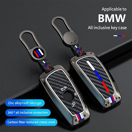 3 buttons for BMW Key Fob Cover, Zinc Alloy Heavy Duty Silicon Protector with Keychain Keyless Entry Remote Case Holder Car Key Case for BMW 1 3 4 5 6 7 Series X3 X4 M5 M6 GT3 GT5