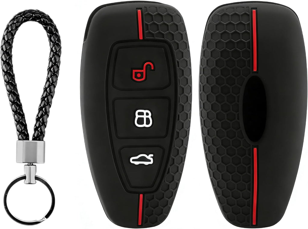 Silicone Car Key Fob Cover,3 Button Car Key Protection Case for Ford Focus Fiesta Kuga st Line Puma Smax Mondeo Ranger,Unique Honeycomb Design and Black Red Line