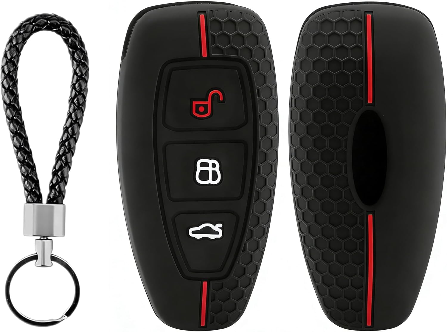 Silicone Car Key Fob Cover,3 Button Car Key Protection Case for Ford Focus Fiesta Kuga st Line Puma Smax Mondeo Ranger,Unique Honeycomb Design and Black Red Line