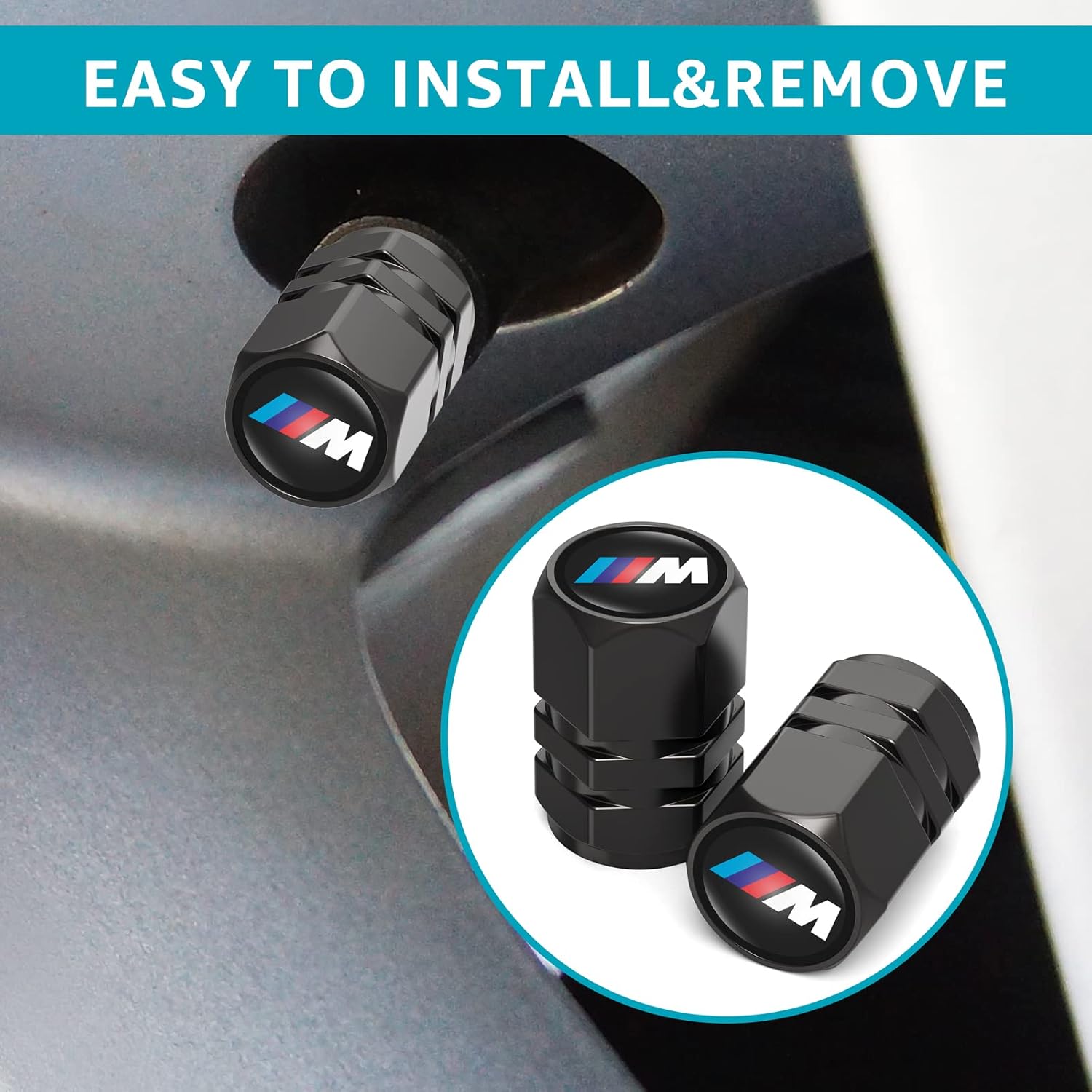 Metal Car Tire Valve Stem Caps Fit M M2 M4 M5 M6 M8 X1 X2 X3 X5 X6 M135i M240i Z4 328i X7, Car Tire Air Caps Cover, Anti-corrosion Premium Alloy Leak-Proof Car Tire Accessories, Black(4Pcs)