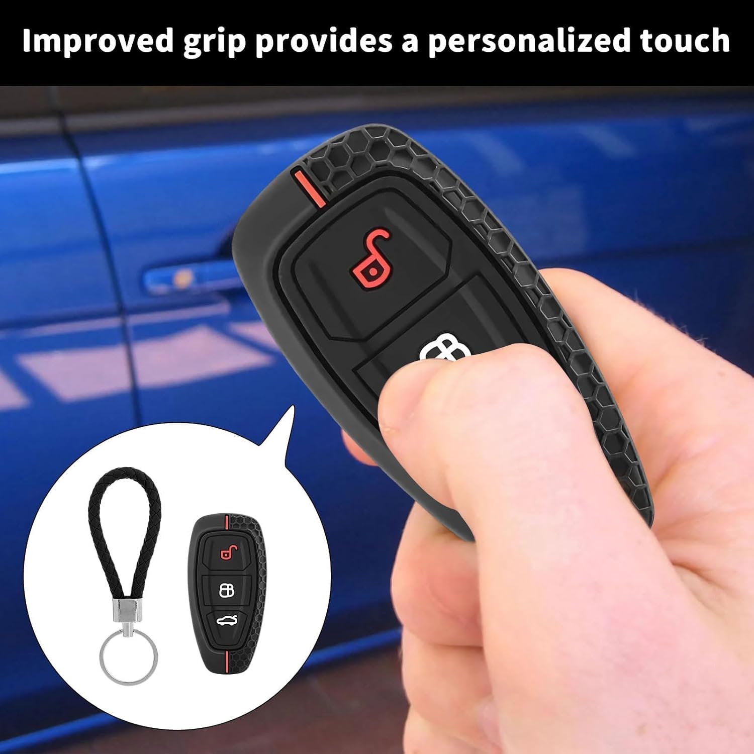 Silicone Car Key Fob Cover,3 Button Car Key Protection Case for Ford Focus Fiesta Kuga st Line Puma Smax Mondeo Ranger,Unique Honeycomb Design and Black Red Line