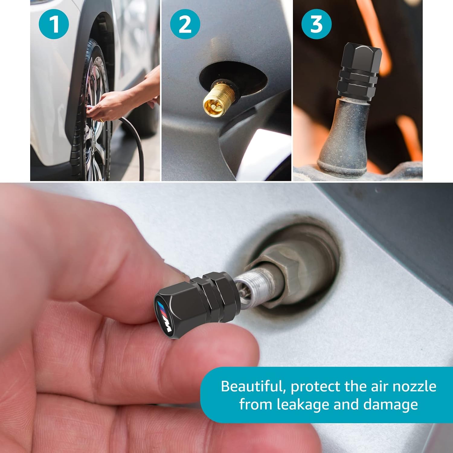 Metal Car Tire Valve Stem Caps Fit M M2 M4 M5 M6 M8 X1 X2 X3 X5 X6 M135i M240i Z4 328i X7, Car Tire Air Caps Cover, Anti-corrosion Premium Alloy Leak-Proof Car Tire Accessories, Black(4Pcs)