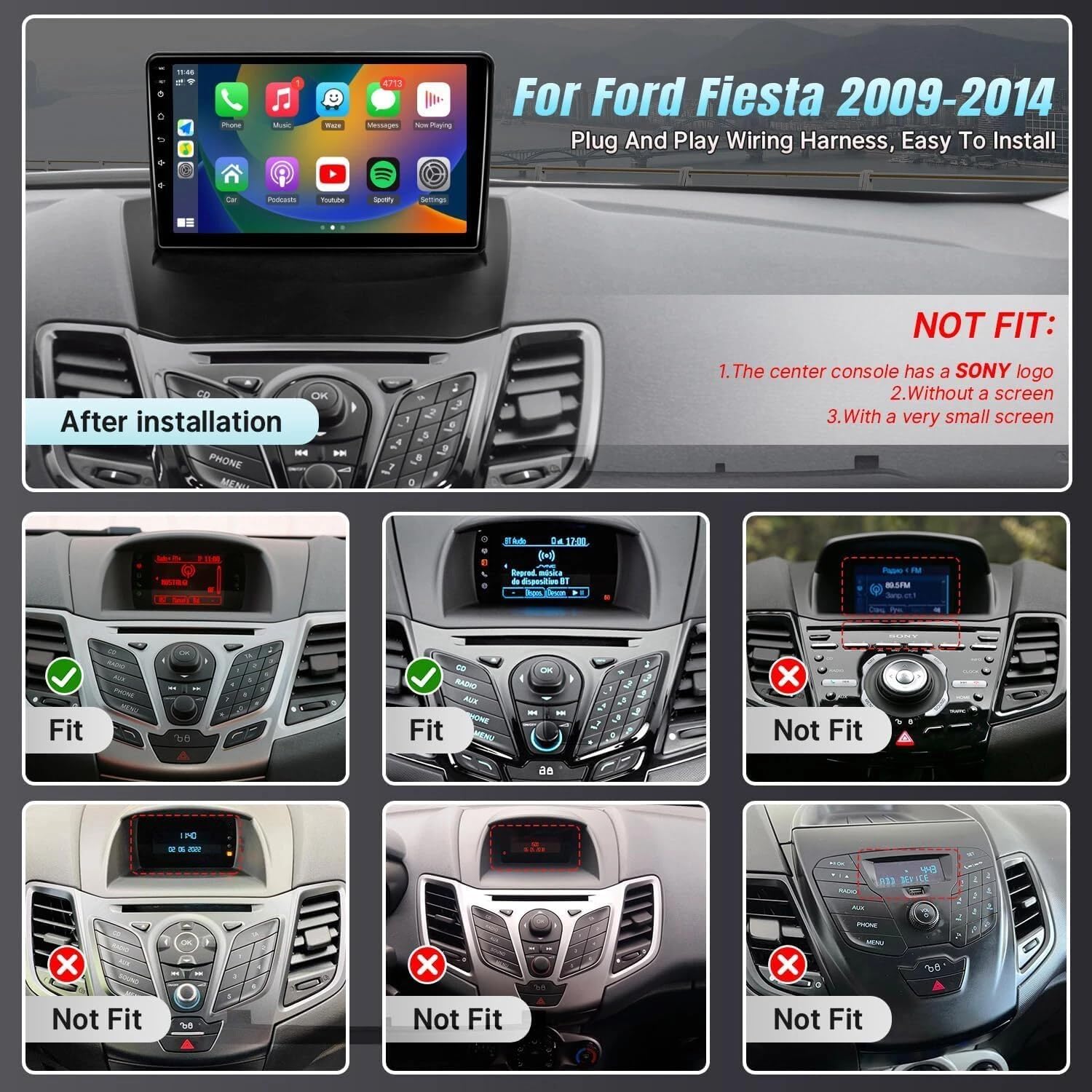 9 Inch Car Stereo Radio for Ford Fiesta 2009-2015 Head Unit Radio Android 14 GPS Navigation 2+64G SWC FM w/Carplay and Android Auto Bluetooth WiFi